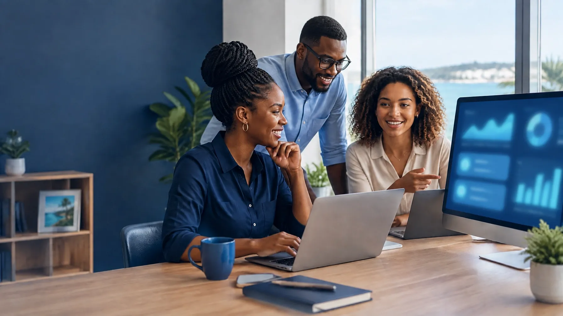 Team collaborating with an AI assistant on a computer